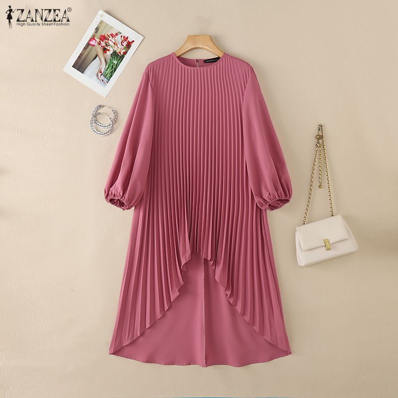 ZANZEA Women Casual Round Neck Long Sleeve Loose Irregular Pleated Blouse