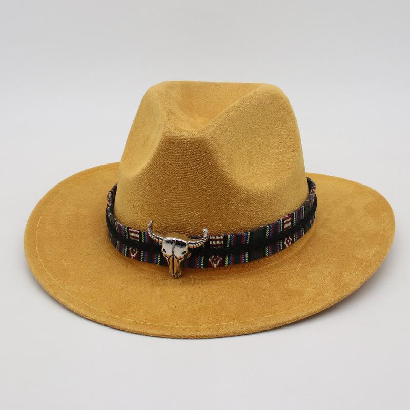 Wind Western Cowboy Hat Horn Woolen Jazz Top Hat Men And Women'S Ethnic Style Felt Hat Big Eaves Hat