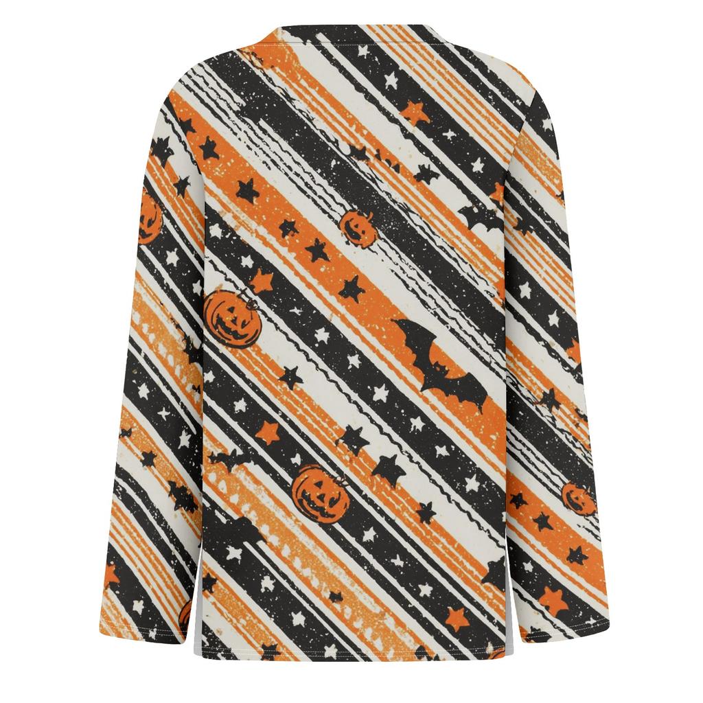 Women's Long Sleeve Halloween Print Top Split Hem Round Neck Casual Pullover Shirt with Festive Graphic Design for Seasonal Wear