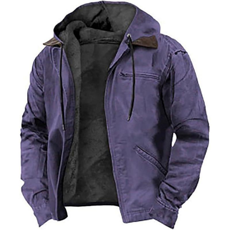Solid Color Hooded Fleece Lined Zipper Pocket Casual Men Thickened Jacket Coat