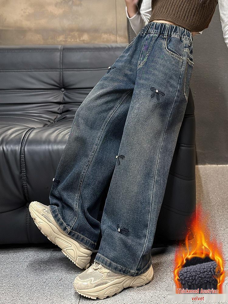 Girls' 2025 Fleece-Lined Wide-Leg Denim Pants - Autumn/Winter Style
