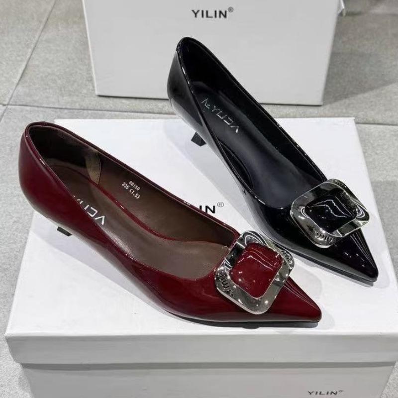 Black commuter professional pointed head thin heel light mouth single shoes nude square buckle patent leather high heels women's new models