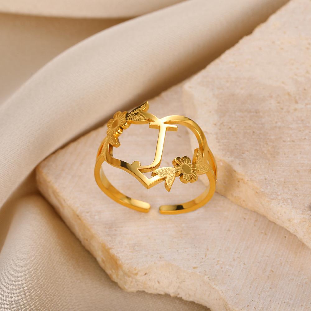 Stainless Steel Initials Flower Heart Rings Gold Color Adjustable Delicate Letter Leaf Rings For Women Girl Alphabet Jewelry KTJ