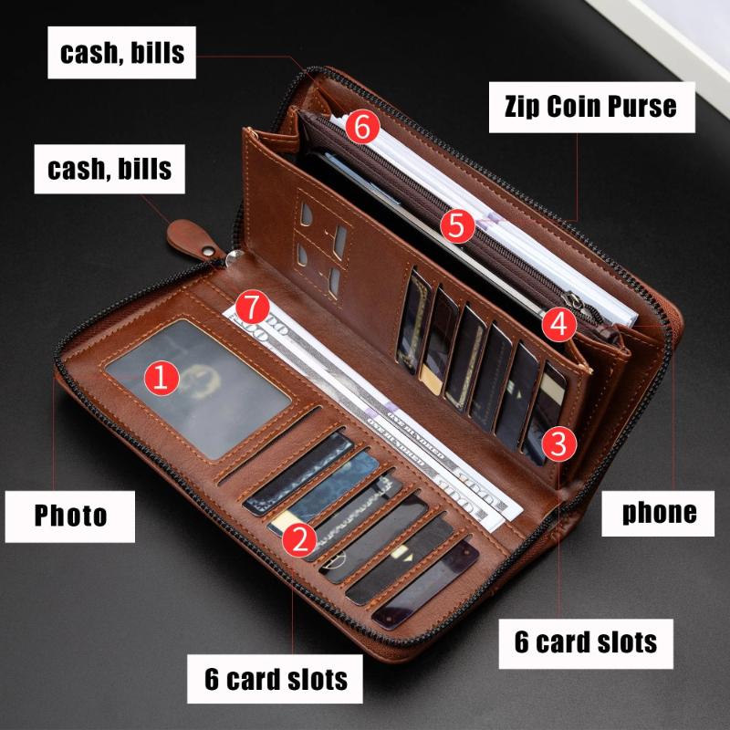 Men's Long Zipper Wallet High Quality Pu Leather Wallet Large Capacity Handbag Men RFID Blocking Business Clutch Bag Credit Card Holder Purse