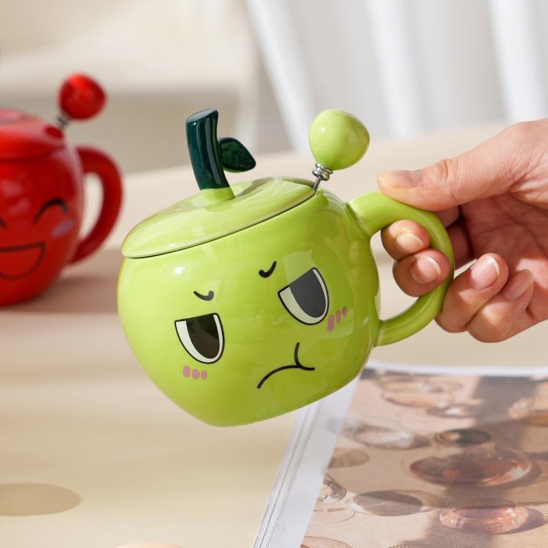 Süßer Ausdruck Apfel Keramiktasse mit Deckel und Löffel Becher Hohe Optik Kinder Milchbecher Geschenkbox Souvenir W3142WW-350ml