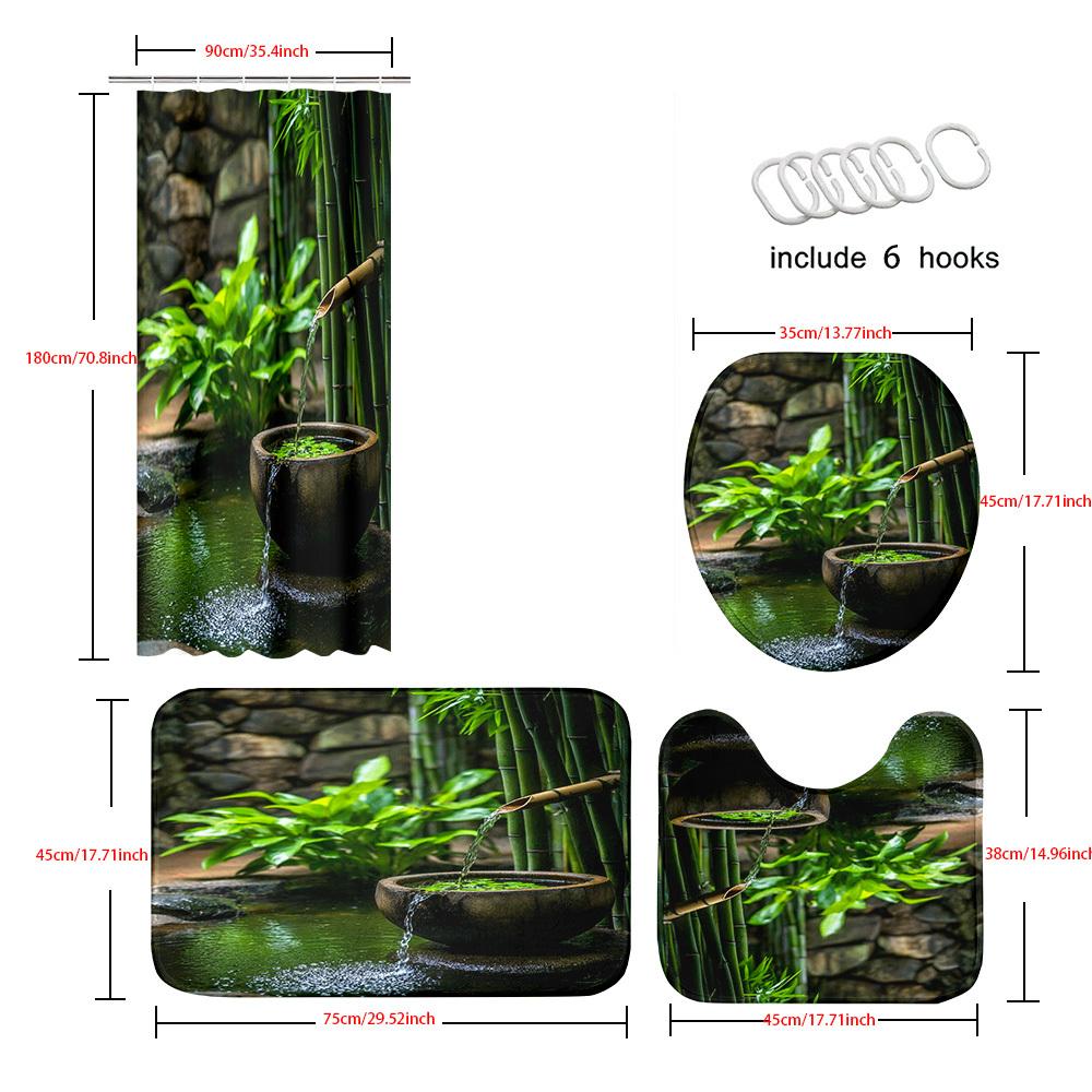 1/4pcs Bamboo Water Fountain Shower Curtain Set Zen Garden Nature Scenery Waterproof Fabric Bath Curtain with 12 Hooks Non Slip Rug and Toilet Cover
