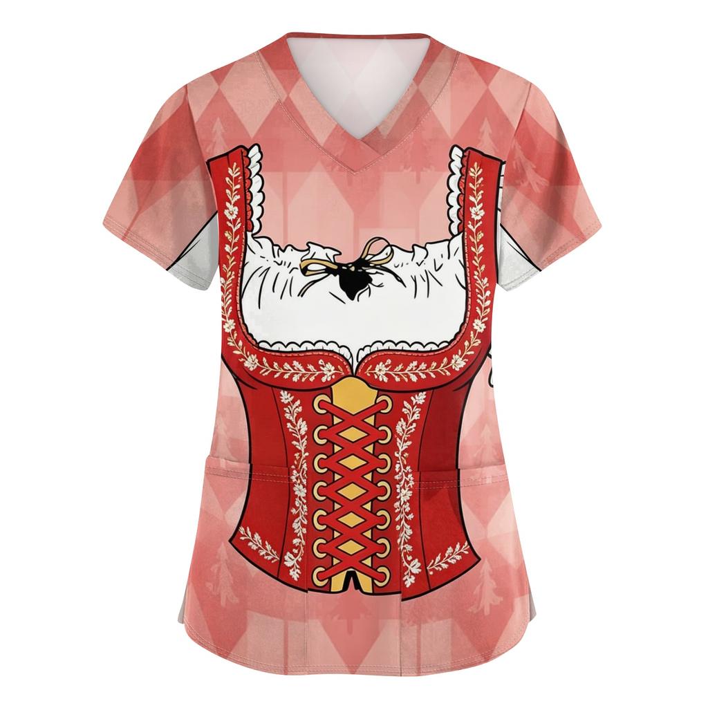 Women V Neck Short Sleeve Work Shirt with Pockets Oktoberfest Print Nursing Scrub Top Comfortable Fit Lightweight Fabric