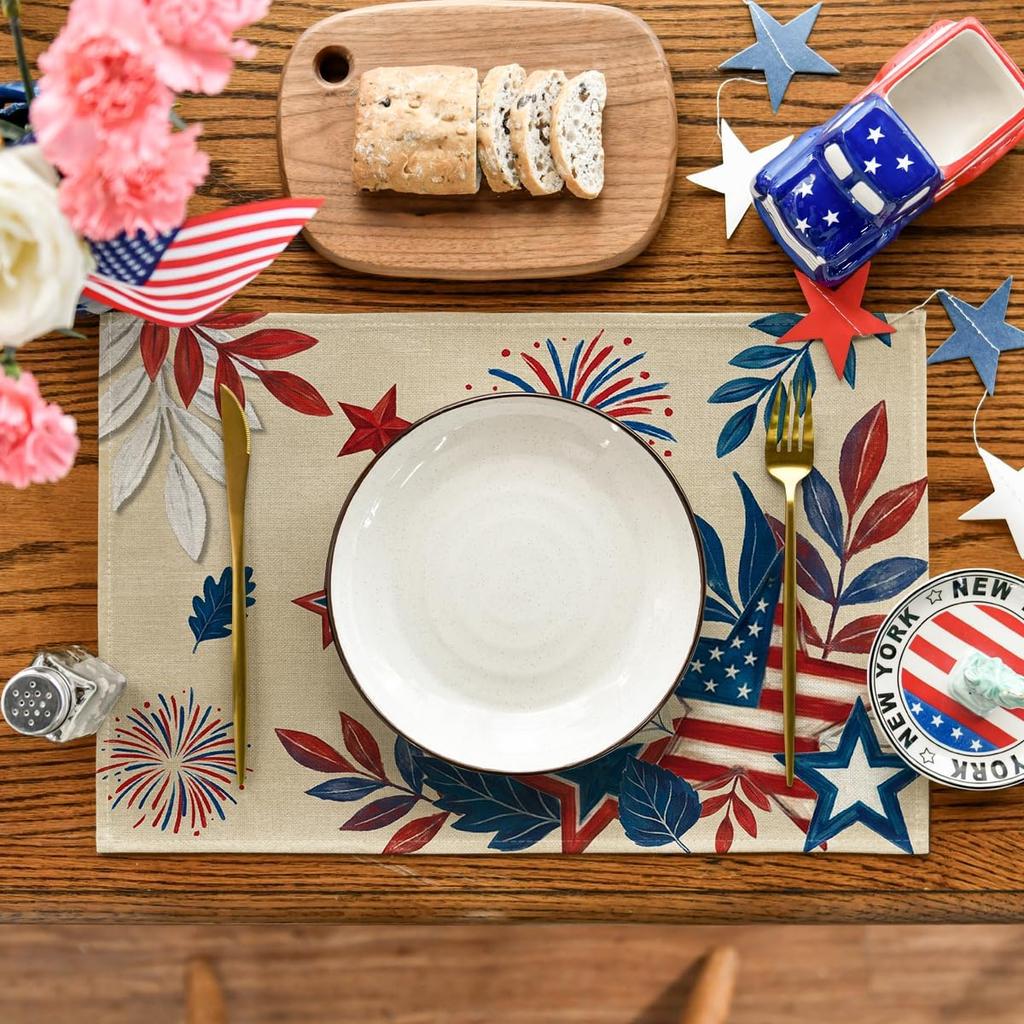 American Flag Stars Leaves 4th of July Placemats Set of 4, 12x18 Inch Memorial Day Patriotic Table Mats for Party Kitchen Dining Decor