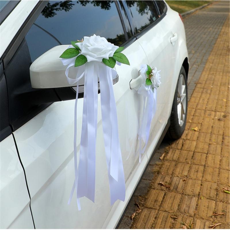 Wedding Rose Ornament for Car Use, Faux Rose Ribbon Accent for Engagement Signs, Party Tables, and Home Display