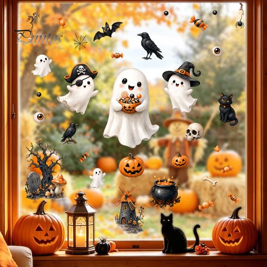 Black Cat Window Clings Halloween Ghost Clings, Cute Pumpkin And Static Stickers, PVC Holiday Glass Decorations Waterproof Decals, Removable Elements
