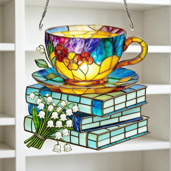 Bookish Acrylic Puzzle Suncatcher, Stained Glass Style Window Hanging Ornament, Hummingbird Floral Book DIY Sun Catcher Kit for Home Decor,