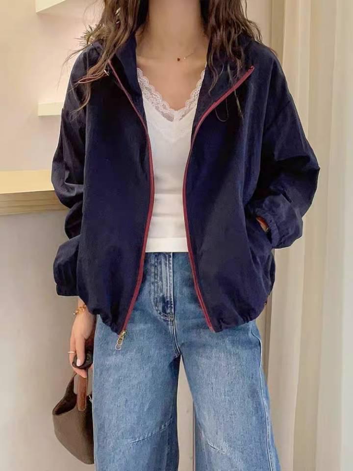 Summer 2025 Women's European Colorblock Zipper Hooded Sunscreen Jacket - Casual, Thin, Short Coat