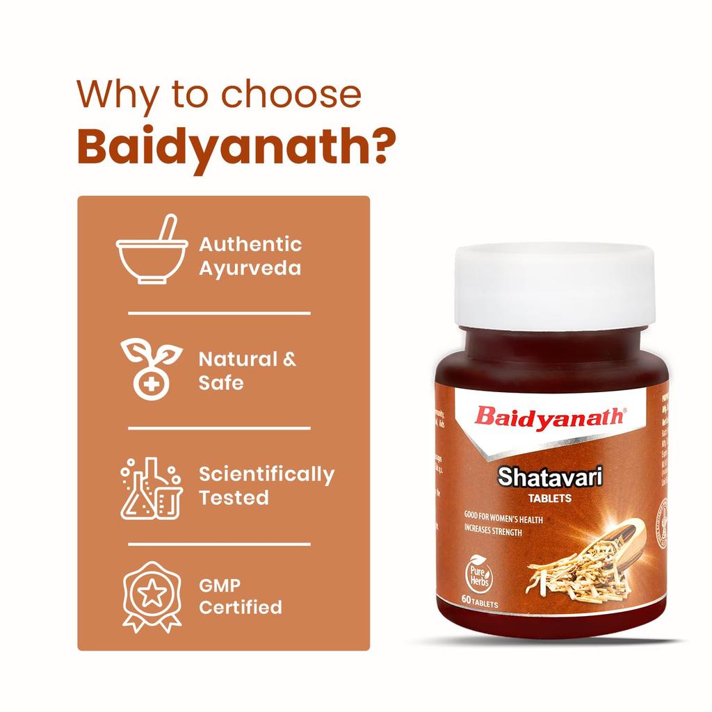 Baidyanath Shatavari Tablets 60 Tabs X Pack of 2 250mg Herbal Supplement for Immunity Strength and Wellness Support