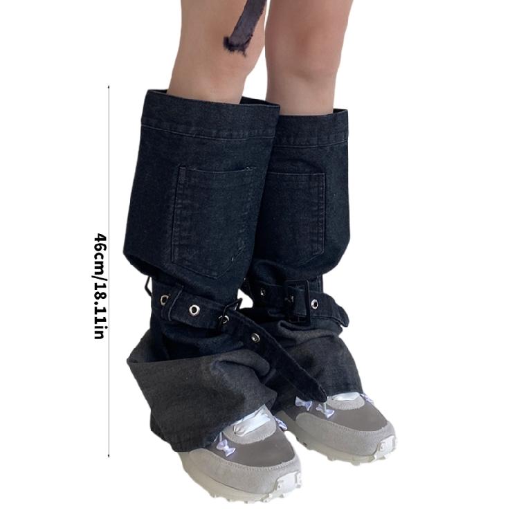 Women Japanese Punk Buckle Strap Leg Warmers Harajuku Aesthetic Streetwear Baggy Loose Denims Leg Sleeve Foot Covers