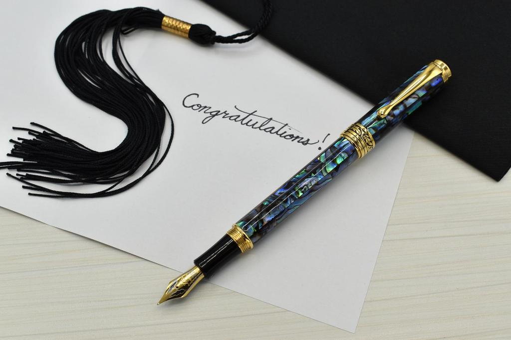 Xezo Maestro Fountain Nib Gift of Writing 18K Paua Each Unique Pen, Medium-Fine (0.45mm Line), Series, Gold-Plated Abalone, Handmade, Serialized,
