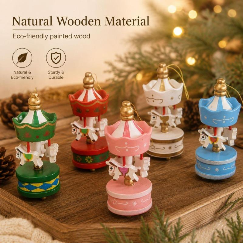 Vintage Christmas Wooden Rotating Horse Carousel Drop Ornaments Xmas Tree Mini Hanging Pendants New Year Party Supplies
