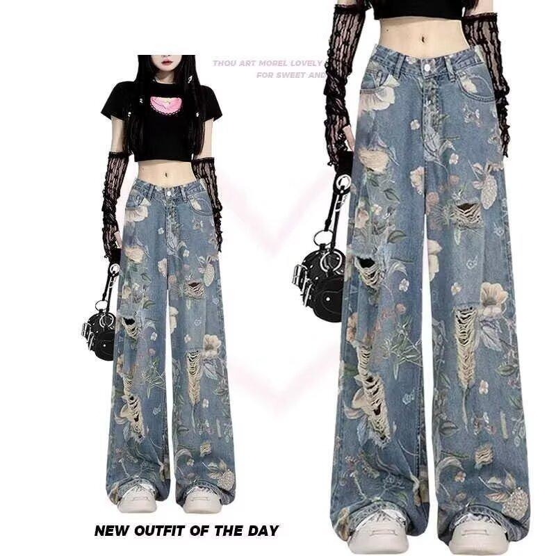 Sommer neue Vintage bedruckte zerrissene Jeans Damen lockeres Design gerade bodenlange Wide-Leg-Hosen