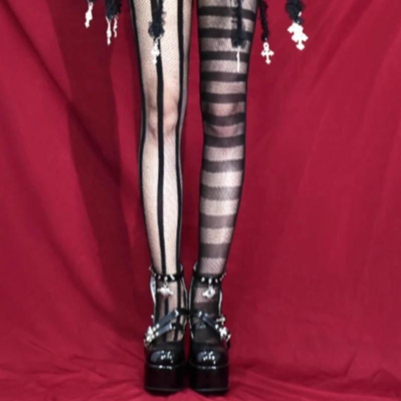 Women Vintage Gothic Dark Punk Style Sexy Pantyhose Goth Lolita Uniform Striped Asymmetric Hollow out Fishnet Tights Summer