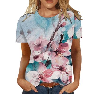 Sommer Rundhals 3D Aquarell Blumenmuster Top Modische Lässige Kurzarm Damen T-Shirts