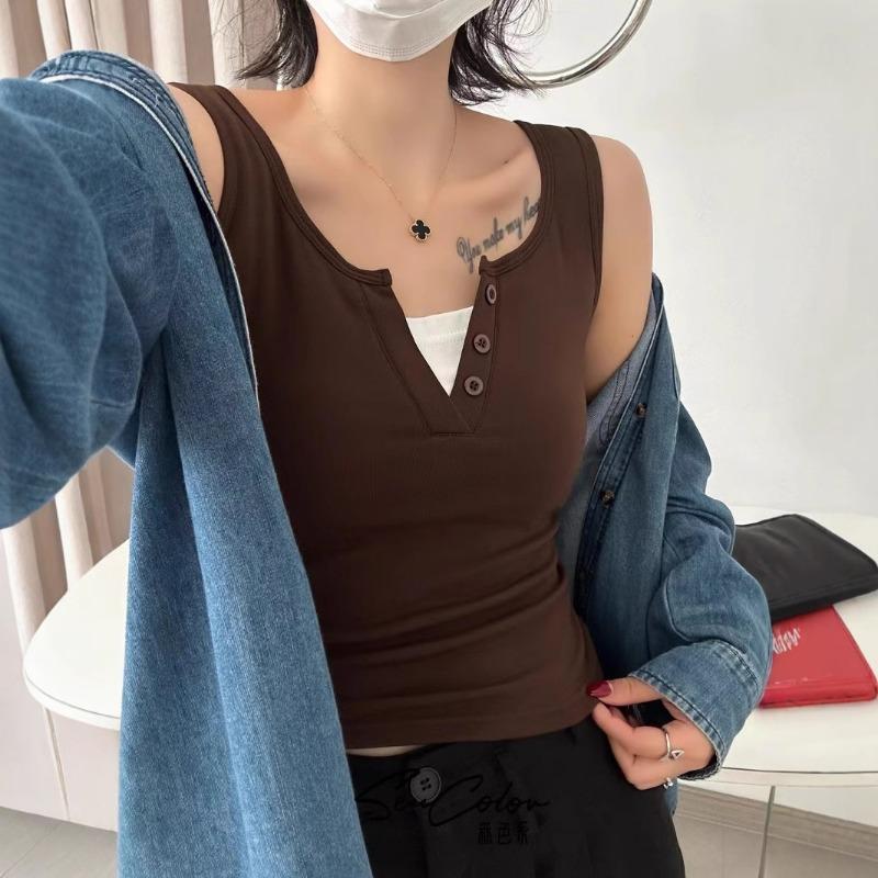 Simple Fashion Integrated Round Neck Fake Two Wide Shoulder Back Heart Female Slimming Thread Matching Sleeveless