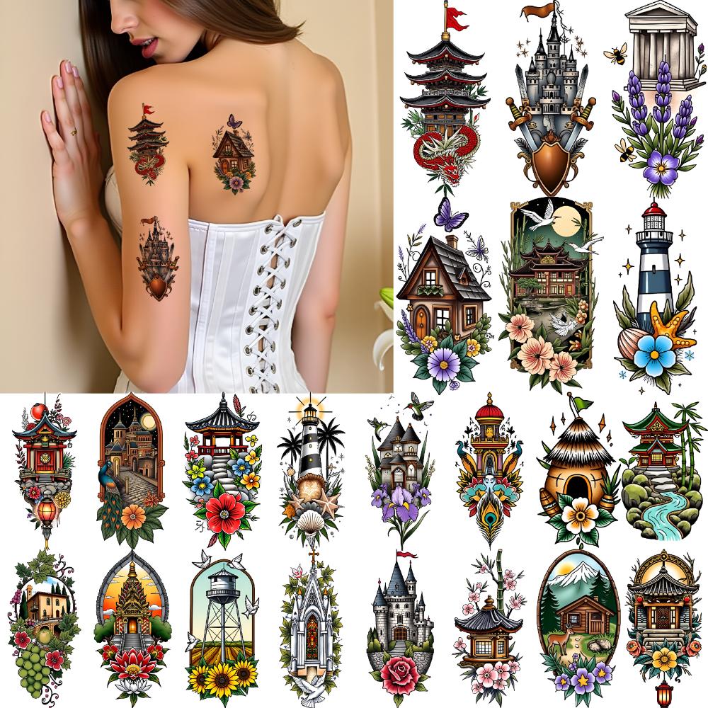 9pcs Temporary Tattoo New School Traditional House With Grapes Shield With Swords Peacock For Chest Women Arms