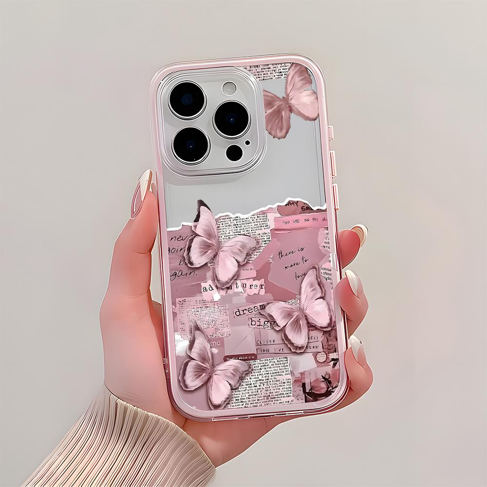 Pink Butterfly Collage Pattern Clear Phone Case For iPhone 11 12 13 14 15 16 17 Pro Max Air Plus 2 In 1 Candy Color Soft Cover