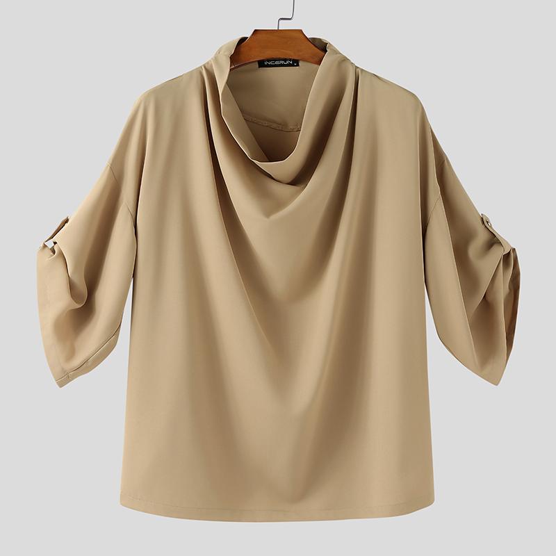 

INCERUN Мужские футболки с отложным воротником, с рукавом до локтя, повседневные, оверсайз, топы 5XL хаки