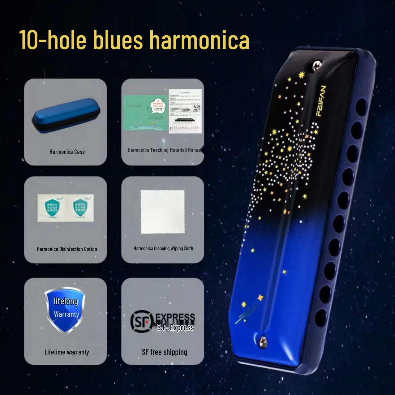 FEIFAN F10 Starry Sky Harmonica, C Key, 10-Hole, Professional Performance Grade, Aluminum Cover Starry F10 Key B