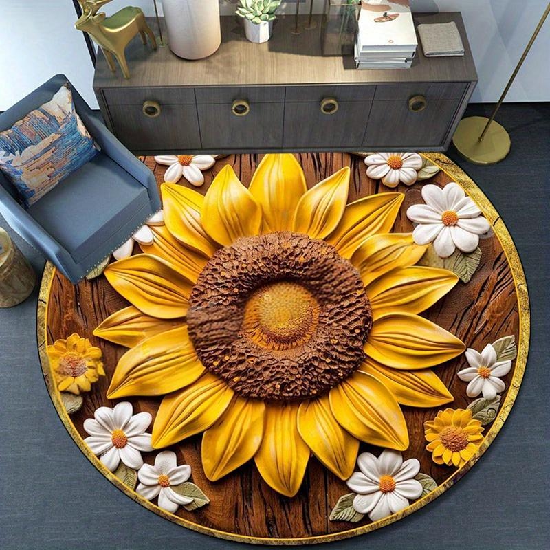 Sunflower Print Round Rug, Non Slip Floral Carpet for Living Room, Bedroom Decor, Soft Washable Floor Mat
