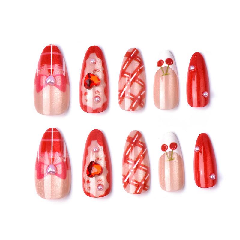 24 pieces of almond cat's eye wearing nail exquisite red cherry bow handmade point diamond nail art
