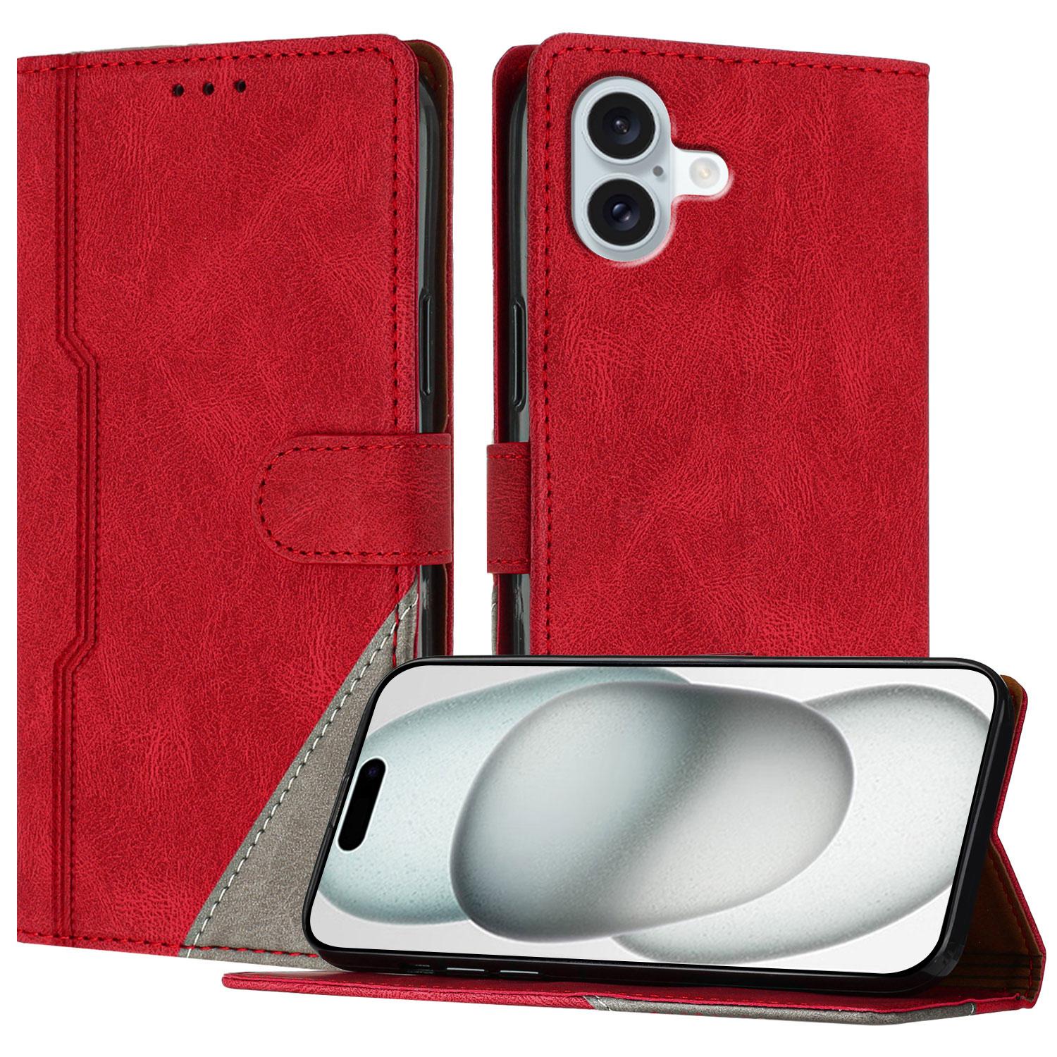 

For iPhone 16 Plus Leather Case Triangle Patchwork Wallet Stand Shockproof Phone Cover Red