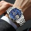 OLEVS wristwatch mens popular blue automatic skeleton stylish watch luminous calendar date waterproof