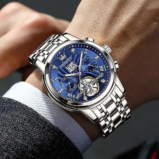 OLEVS wristwatch mens popular blue automatic skeleton stylish watch luminous calendar date waterproof