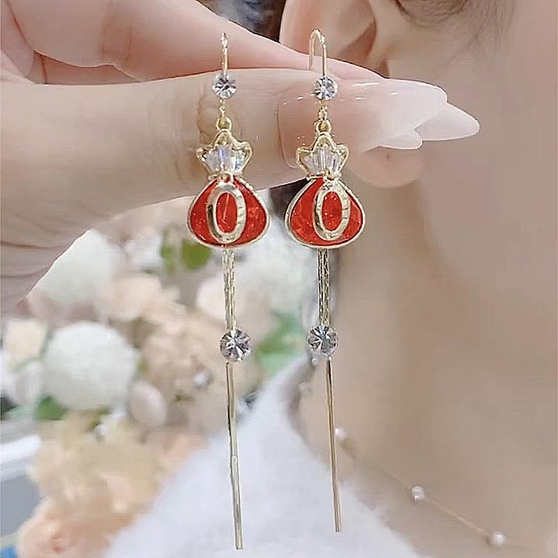 S925 Silver Needle Red Money Bag Earrings - 2022 Versatile Celebrity Style Ear Wire Design