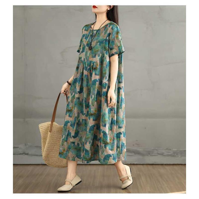 Summer Retro Cotton and Linen Round Neck Short Sleeved Dress, Women's Loose Skirt