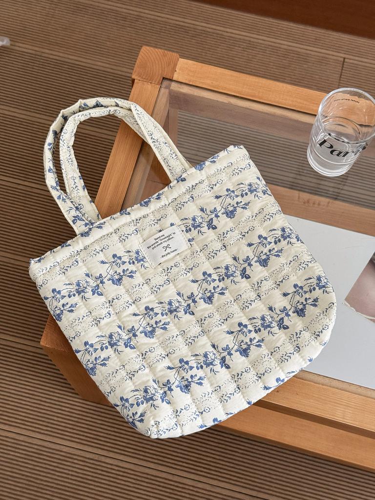 Quilted Cotton Women's Cute Flower Handbags Portable Ladies Small Tote Shoulder Bags Retro Design Casual Female Lunch Bento Bag