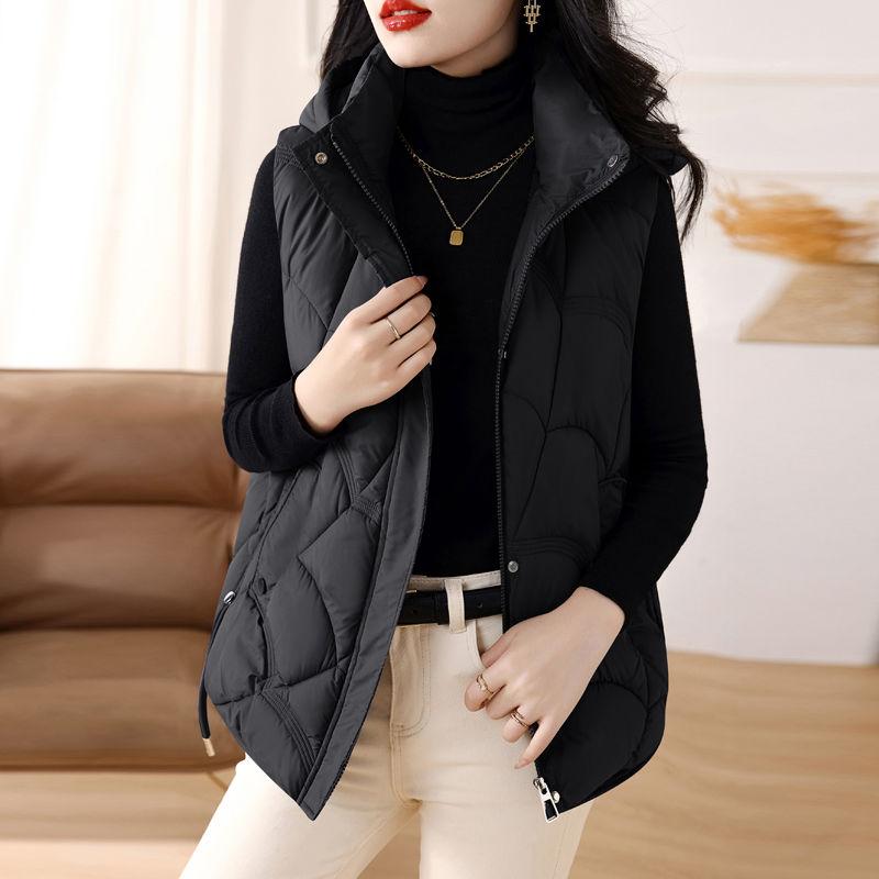 Women's Cotton Vest with Stand-up Collar Hood Sleeveless Loose Fit Solid Color Zipper Short Vest
