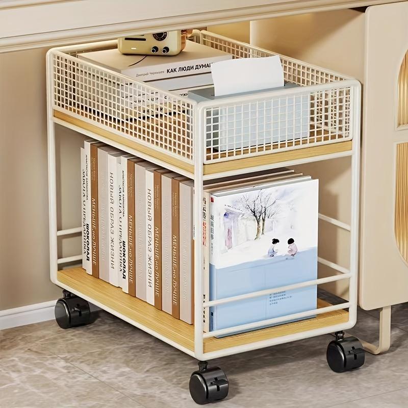 Rolling Bookshelf with Wheels, Metal Mesh