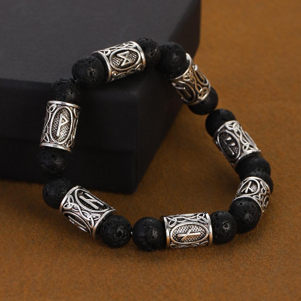 Viking Runes Bracelet for Men 8Mm Lava Obsidian Turquoise Beads Lucky Amulet Norse Jewelry Gift