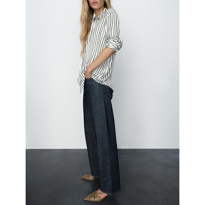 Za2025 Spring New Women's Clothing All-Matching Striped Silk Satin Texture Long Sleeves Lapel Casual Shirt 2074140