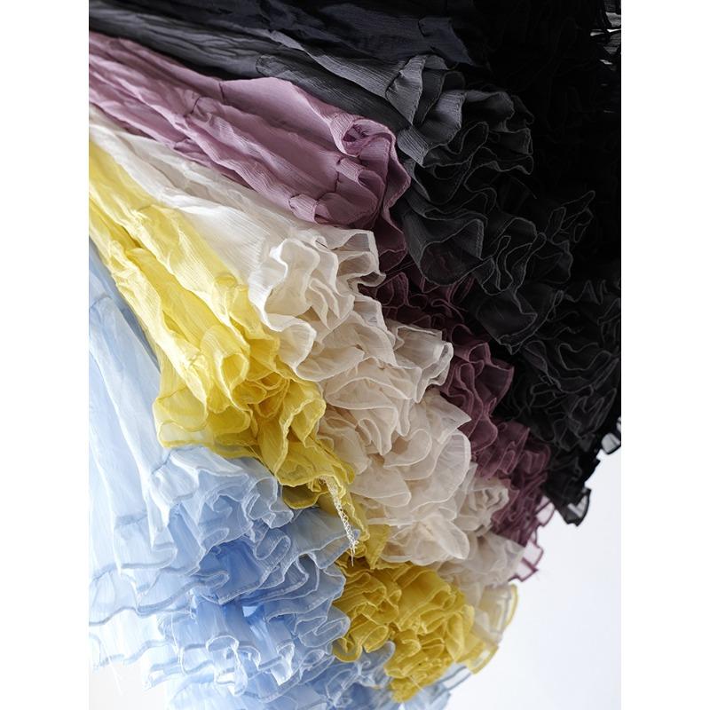 DIMANAF 2026 Summer Women New Skirts Solid Elastic Waist Pleated Mesh Elegant Skirts Yellow