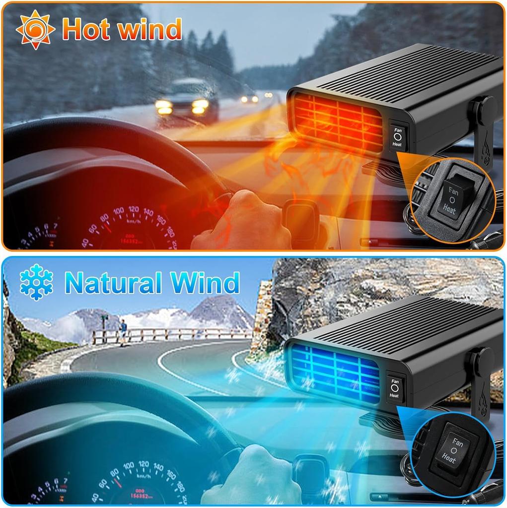 Autositzheizung, 12V Tragbarer Heizlüfter für Auto, 360° drehbarer Defroster für Auto-Windschutzscheibe, 2-in-1 Heiz- und Kühlventilator