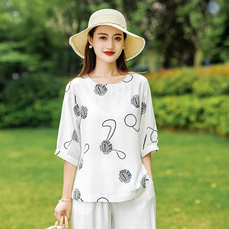 Summer Printed Cotton and Linen T-shirt Mid-sleeve Fashionable Shirt Loose Large Size Middle-aged and Elderly Women's Summer Top
