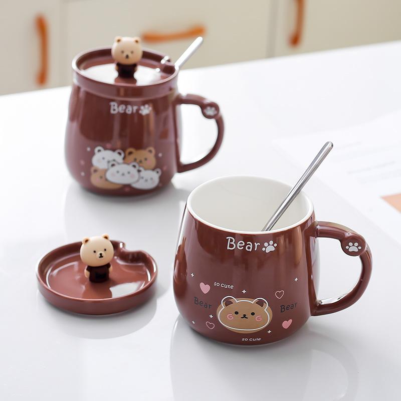 Kreativ Björn Keramisk Mugg Söt Tecknad Parmugg Vattenkopp med Lock Sked Kaffekopp Frukost Mjölkkopp