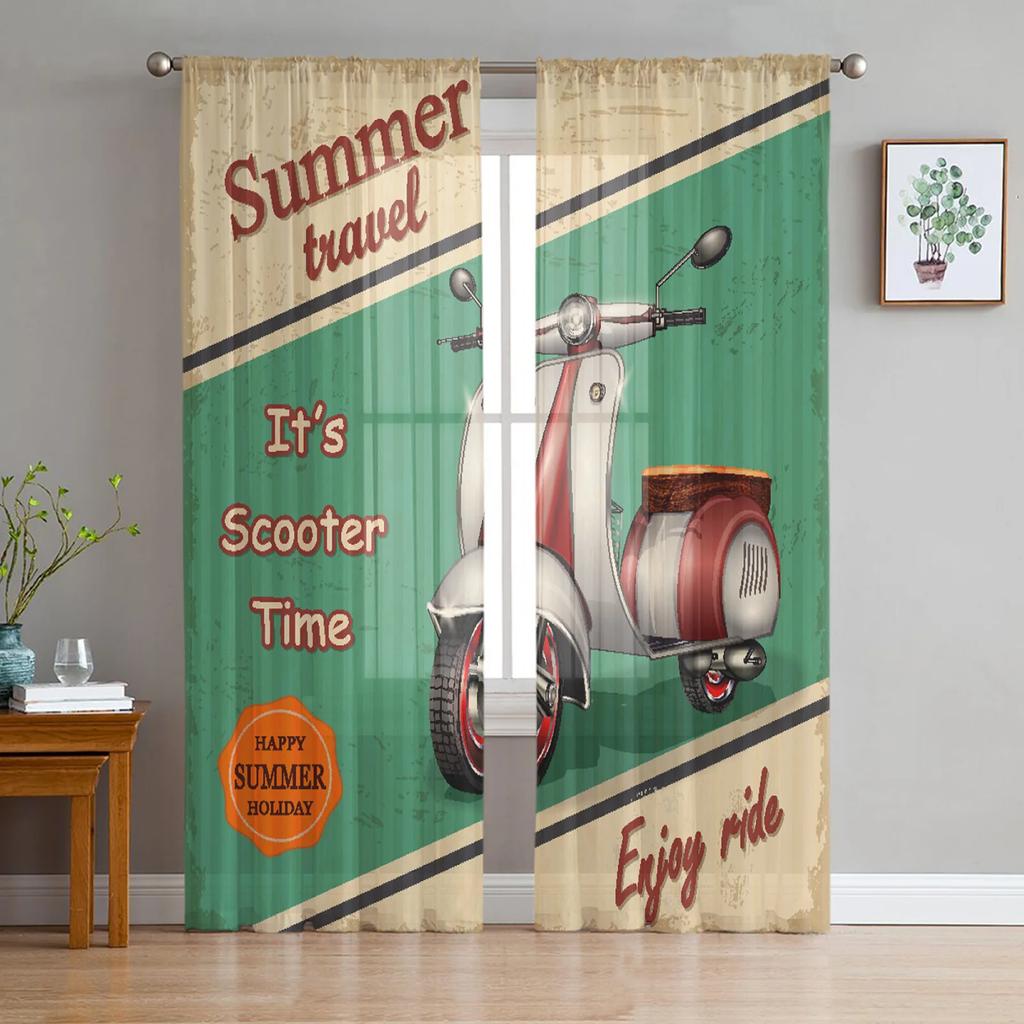 Cortinas Traslúcidas Vintage de Motocicleta para Ventana de Sala de Estar, Cortinas de Tul para Dormitorio, Cocina, Decoración del Hogar, Cortinas Voile