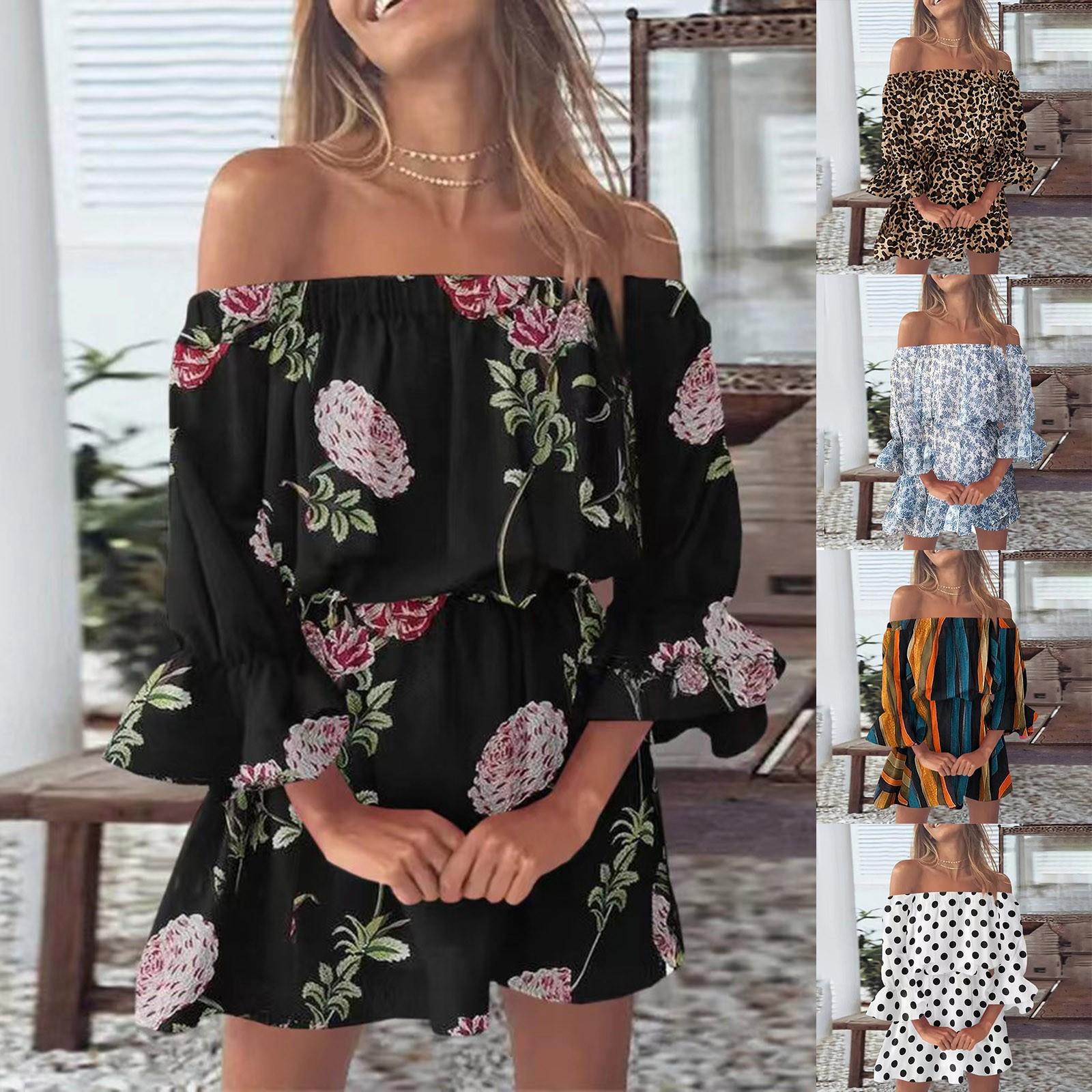 

Женское повседневное сексуальное платье трапециевидной формы на одно плечо со средней талией и принтом с рюшами и рукавами