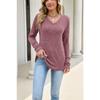 Solid Color V Neck Lace Patchwork Loose Long Sleeve Brushed T Shirt
