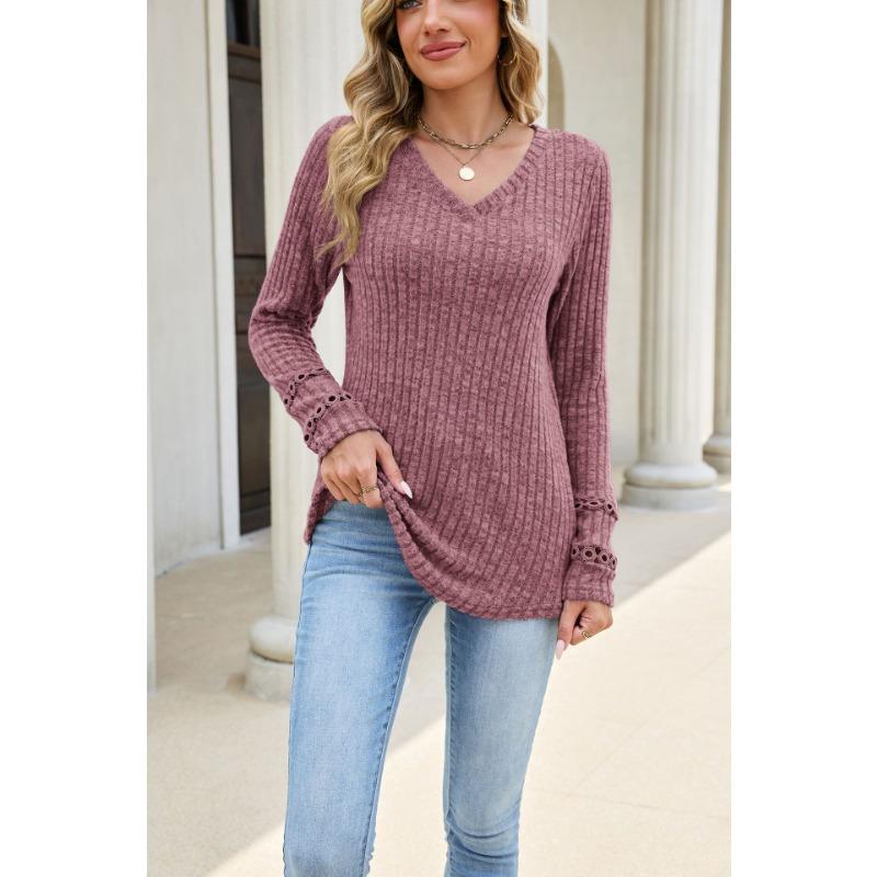 Solid Color V Neck Lace Patchwork Loose Long Sleeve Brushed T Shirt