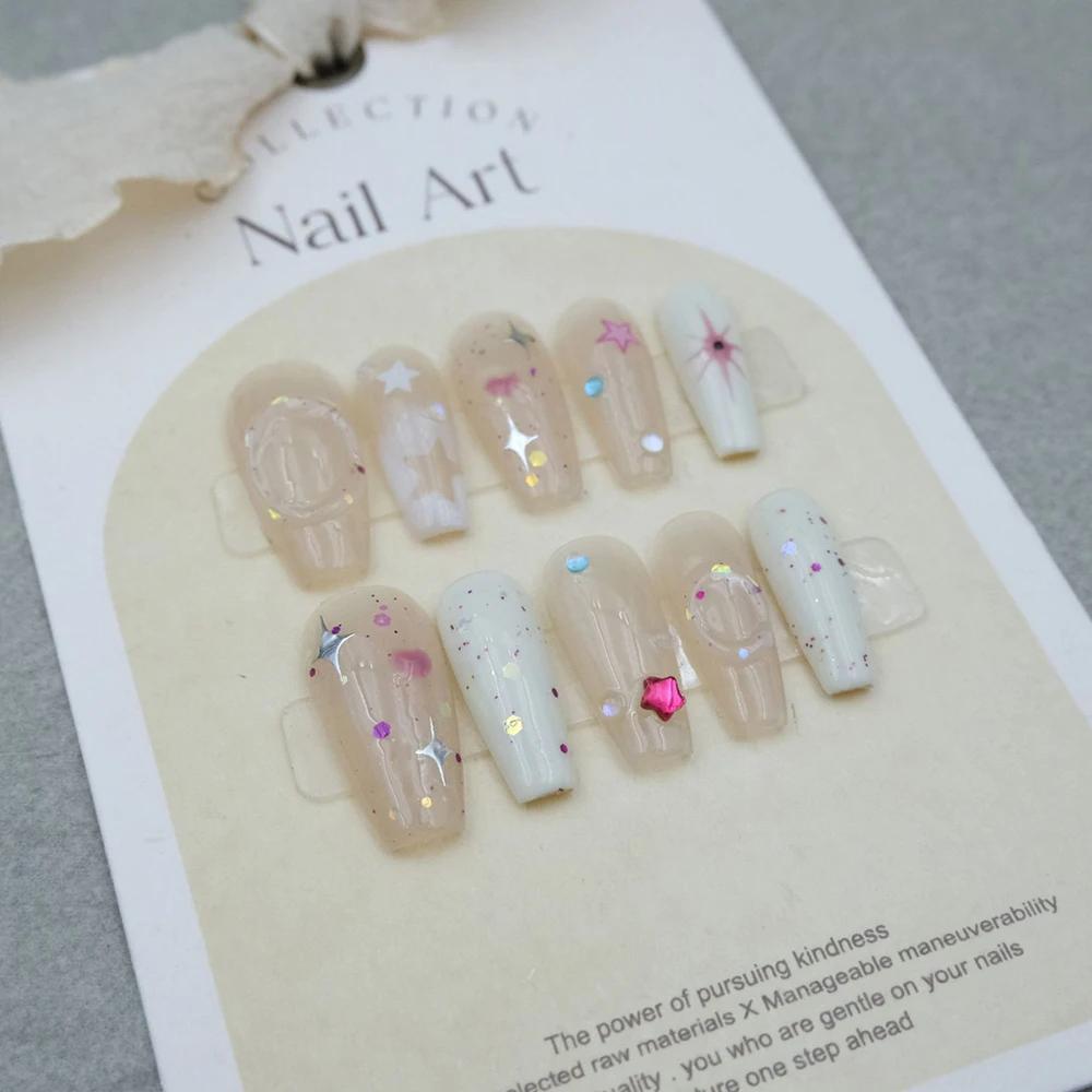 10Pcs Handmade French Gradient Cat Eye Press On Nails With 3D Butterfly Diamond Flowers Long Coffin Almond Shape
