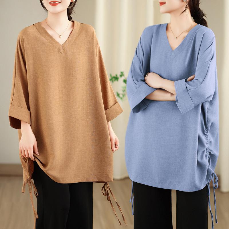 

Spring/Summer Artistic V-neck Slimming Mid-length Drawstring Loose T-shirt for Women Large Free Size білий